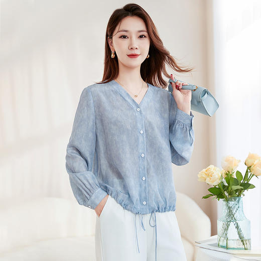 QS-22599658春夏新款真丝V领衬衫桑蚕丝双绉长袖通勤衬衣女22599658 商品图3