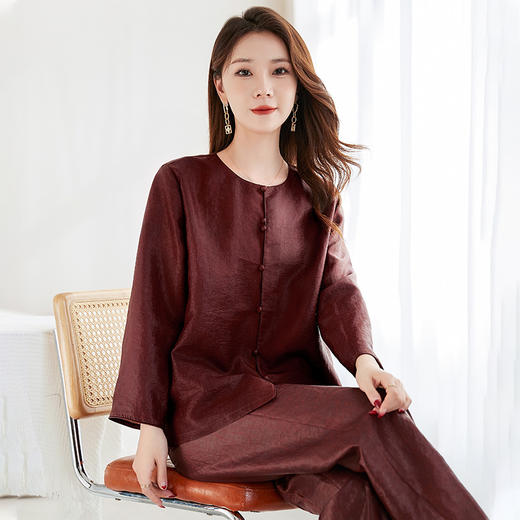 QS-62599598国风新中式香云纱圆领衬衫女外穿桑蚕丝衬衫女62599598 商品图0