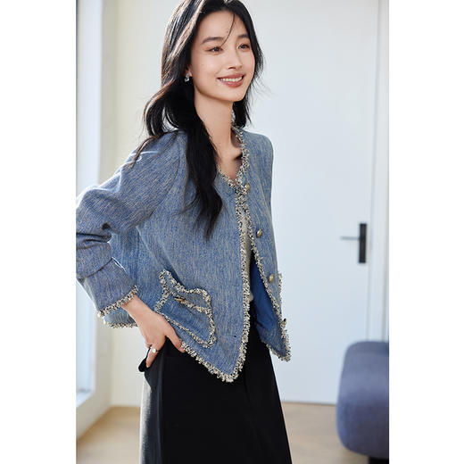 VICTORIA&VERA女装春季“阑珊星光”小香风复古时尚流苏撕边短款外套 商品图3