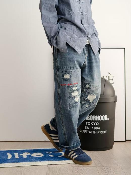 2025春季新款！原创新年限定刺绣字母重工水洗补丁磨破牛仔长裤！ 商品图1