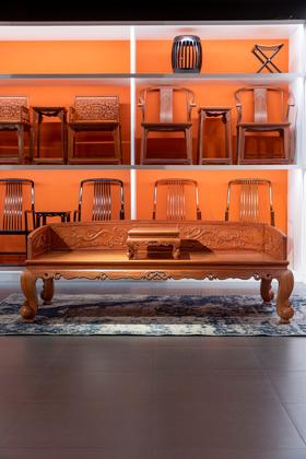 红桥红  家具严选  缅甸花梨（大果紫檀）【双龙捧寿 卷珠腿罗汉床两件套】