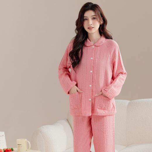 【纯棉细格四层纱睡衣】全棉四层纱家居服纯色多层纱睡衣男女情侣居家服套装 商品图2
