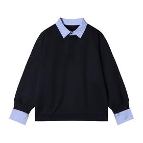 2510新款韩版假两件撞色拼接卫衣长袖男女翻领宽松百搭套头上衣