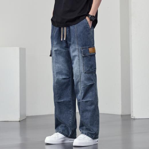 【DYF】大依优型大码工装牛仔裤松紧腰男压褶水洗美式高街复古宽松直筒阔腿潮流胖子 商品图1