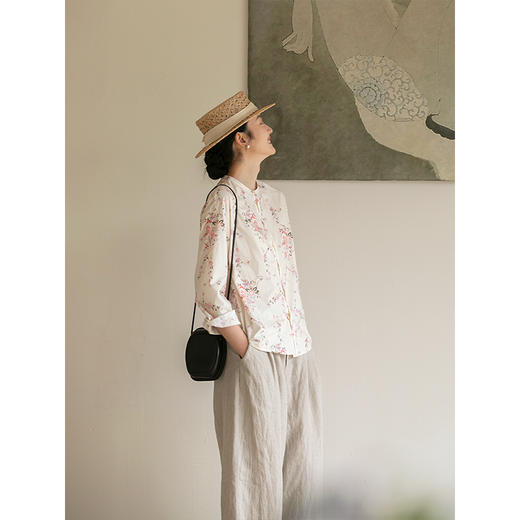 牧衣游原创 小野花手绘印染新疆棉衬衫春季新品圆领文艺上衣 岛风 商品图1