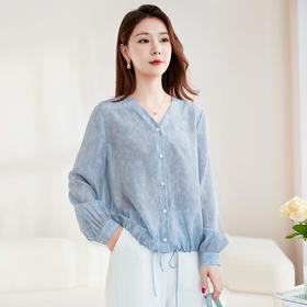 QS-22599658春夏新款真丝V领衬衫桑蚕丝双绉长袖通勤衬衣女22599658