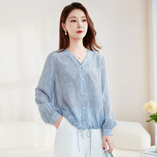 QS-22599658春夏新款真丝V领衬衫桑蚕丝双绉长袖通勤衬衣女22599658 商品图0