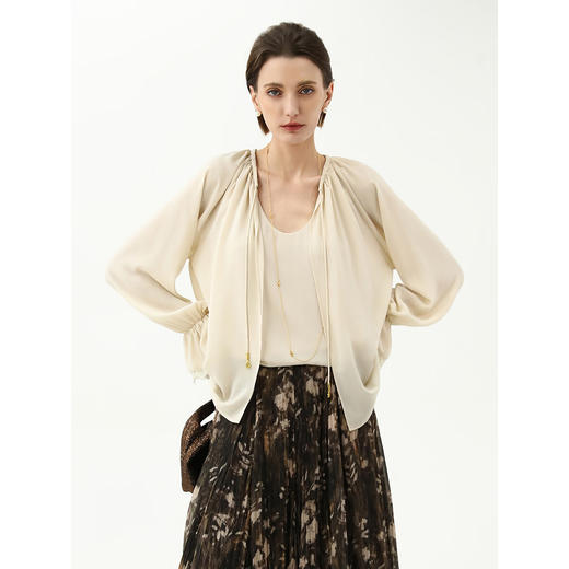 COCOBELLA无领捏褶荷叶袖蕾丝边衬衫优雅通勤遮阳开衫SR3082 商品图1