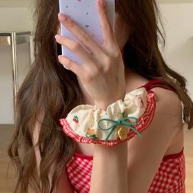 「樱桃小熊款」森系花朵纽扣蕾丝边大肠发圈 手作发饰红色发绳头饰发饰配饰