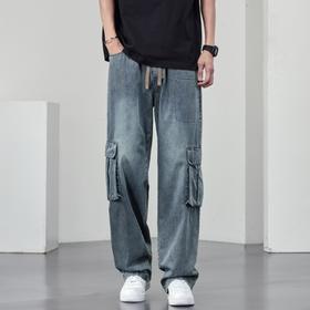 【DYF】大依优型大码牛仔裤复古水洗工装四季潮牌宽松直筒阔腿情侣款长裤子男士
