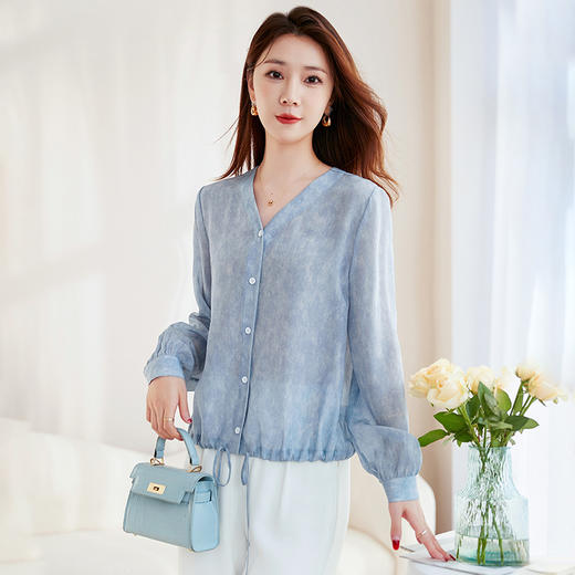 QS-22599658春夏新款真丝V领衬衫桑蚕丝双绉长袖通勤衬衣女22599658 商品图2