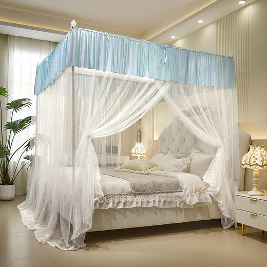 自然醒蚊帐家用卧室宫廷落地蚊帐三开门不锈钢四立柱防蚊防尘遮光顶家用清新2505HH 商品图8