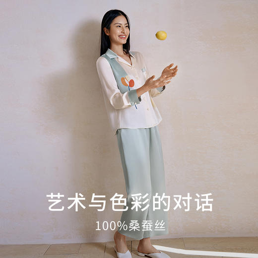 100%桑蚕丝宽松舒适真丝睡衣女简约衬衫式印花家居服衣裤套金三塔  YSFFA209 商品图1