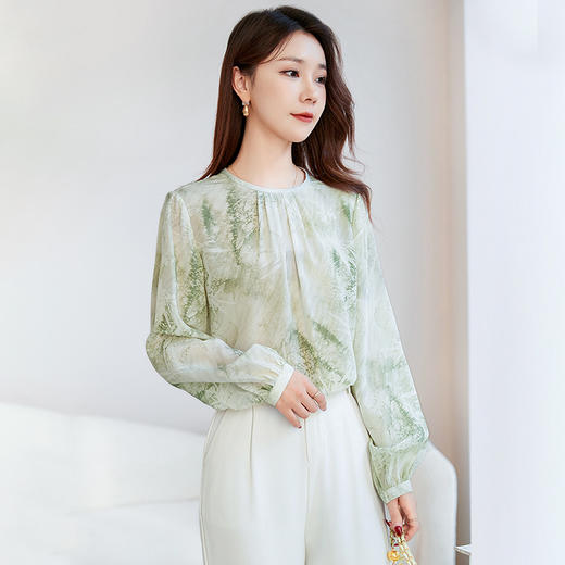 QS-12599688春夏新款桑蚕丝印花圆领T恤女减龄真丝打底衬衫12599688 商品图0