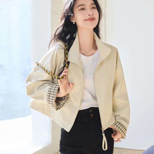 VICTORIA&VERA女装春季“巴恩风”美式复古宽松百搭立领格子袖短款外套 商品图1