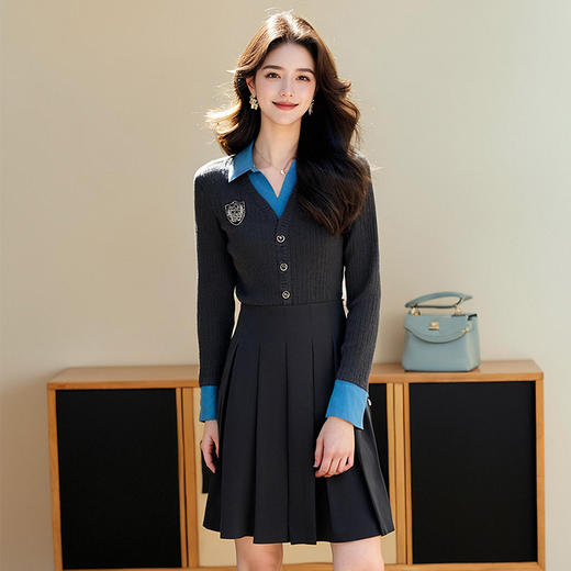 奢姿2025年春季新款大码女装千金风百褶裙子胖妹妹假两件连衣裙9951855747 商品图4