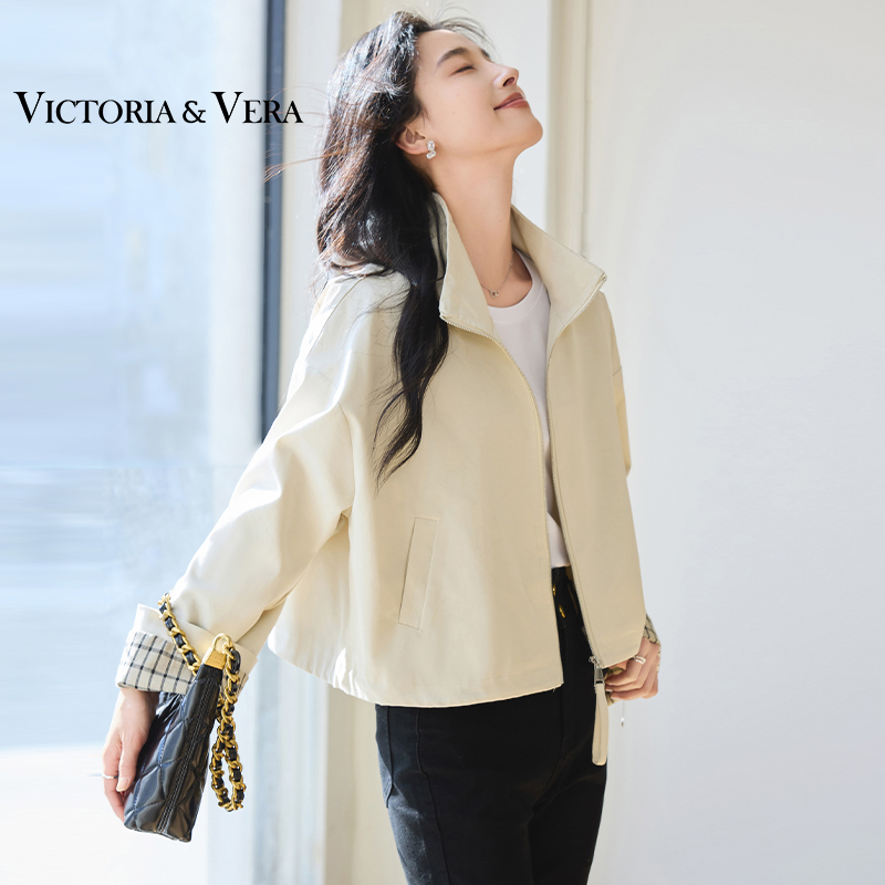 VICTORIA&VERA女装春季“巴恩风”美式复古宽松百搭立领格子袖短款外套