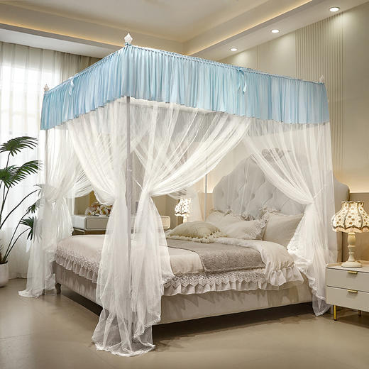 自然醒蚊帐家用卧室宫廷落地蚊帐三开门不锈钢四立柱防蚊防尘遮光顶家用清新2505HH 商品图1