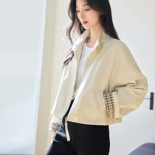 VICTORIA&VERA女装春季“巴恩风”美式复古宽松百搭立领格子袖短款外套 商品图3