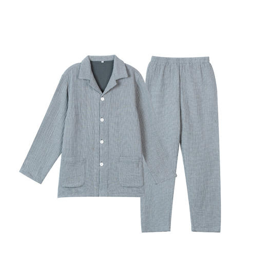 【纯棉细格四层纱睡衣】全棉四层纱家居服纯色多层纱睡衣男女情侣居家服套装 商品图6