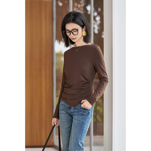 剩S/M 米思阳2026春季新款知性优雅修身显瘦百搭抽褶收腰T恤上衣女5676 商品图1