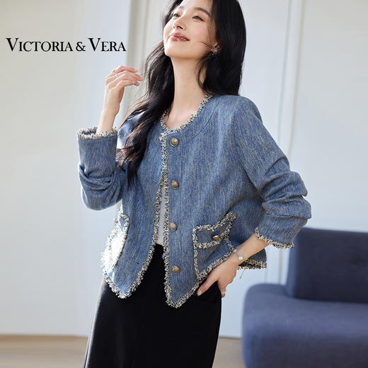 VICTORIA&VERA女装春季“阑珊星光”小香风复古时尚流苏撕边短款外套 商品图0