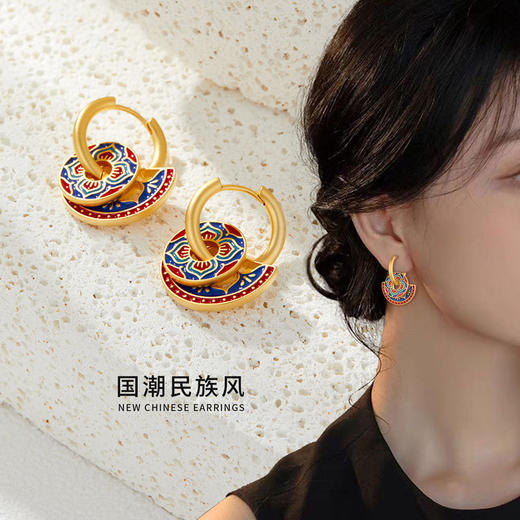 「高级感！国潮民族风」新中式珐琅滴油耳环小众独特国潮耳坠复古彩绘耳饰s925银针时尚饰品 商品图0