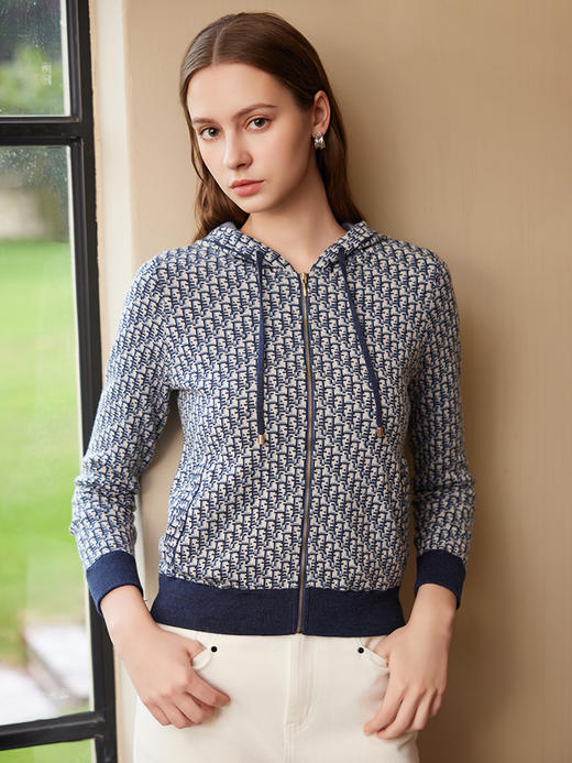 【连帽针织运动衫】25年春夏新品女士100%羊毛衫时尚九分袖针织外套 商品图0