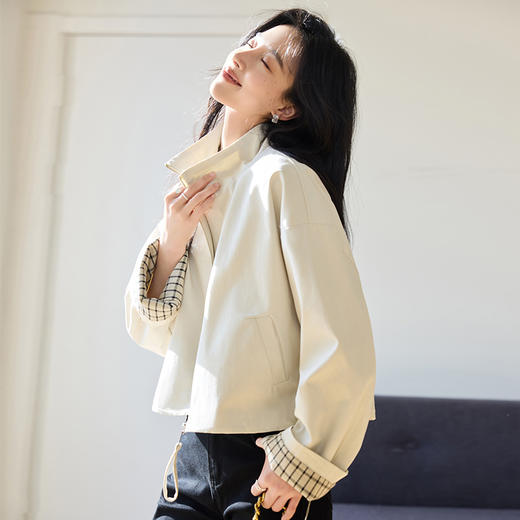 VICTORIA&VERA女装春季“巴恩风”美式复古宽松百搭立领格子袖短款外套 商品图2