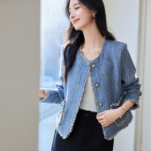 VICTORIA&VERA女装春季“阑珊星光”小香风复古时尚流苏撕边短款外套 商品图1