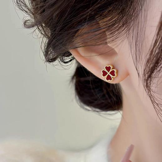 S999纯银新年红色四叶草耳钉小众设计高级耳饰2025新爆款耳夹耳环 商品图4