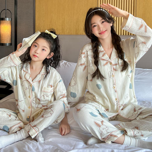 【纯棉纱布睡衣】女亲子装 春秋新款 开衫翻领女童母女中大童家居服 _HLY 商品图0