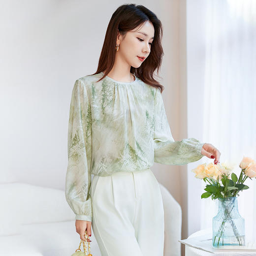 QS-12599688春夏新款桑蚕丝印花圆领T恤女减龄真丝打底衬衫12599688 商品图2