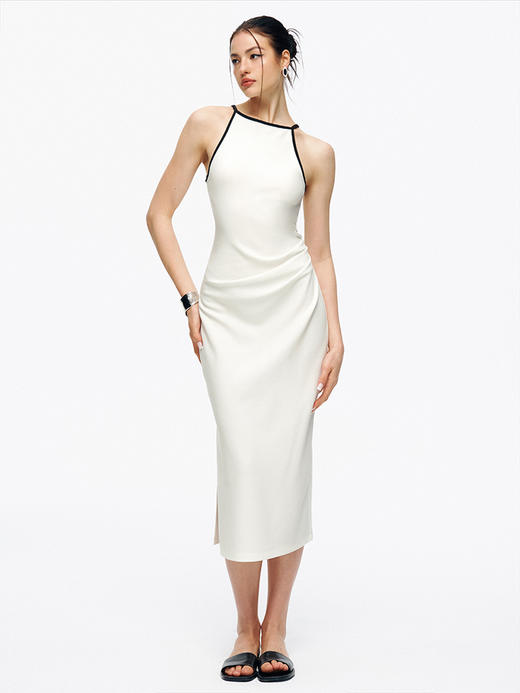 TR她热 情定罗马 黑白撞色拼接修身复古显瘦收腰抽褶开叉连衣裙 商品图3