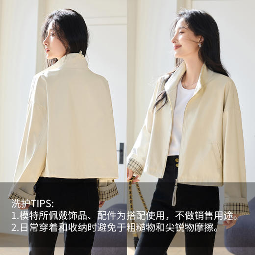 VICTORIA&VERA女装春季“巴恩风”美式复古宽松百搭立领格子袖短款外套 商品图4