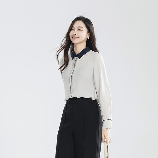 火桐hooton 23姆米建宏绉 静奢简约撞色真丝衬衫YT2040 商品图0