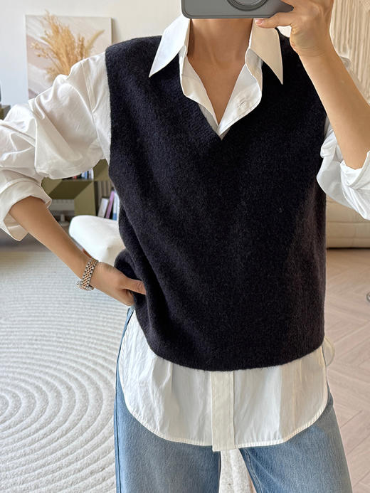 牦牛绒&羊毛混纺 花纱V领针织马甲 商品图1