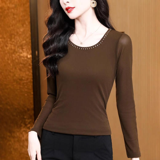 KQL E37M2835洋气百搭钉珠纯色网纱打底衫修身显瘦T恤 商品图1