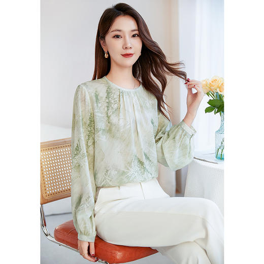 QS-12599688春夏新款桑蚕丝印花圆领T恤女减龄真丝打底衬衫12599688 商品图1