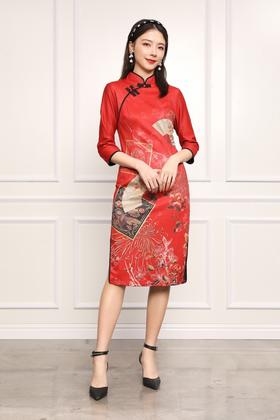ELLA JADE 复古修身中国红旗袍连衣裙 11932
