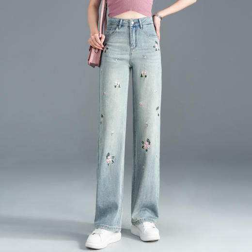 绣花牛仔直筒裤窄版修身阔腿裤2025年春夏款MYX-763-L 商品图0