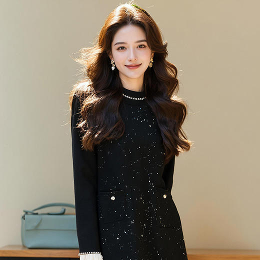 奢姿2025秋装胖妹妹大码女装钉珠连衣裙加绒圆领套头气质打底裙女5244803438 商品图1