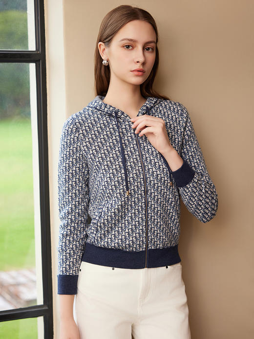 【连帽针织运动衫】25年春夏新品女士100%羊毛衫时尚九分袖针织外套 商品图1