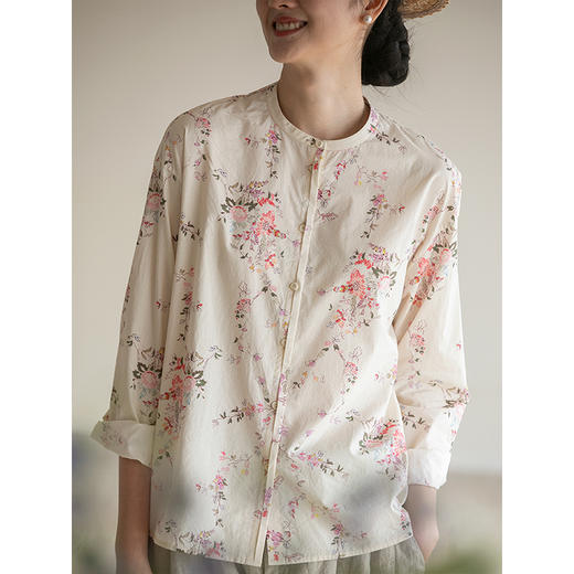 牧衣游原创 小野花手绘印染新疆棉衬衫春季新品圆领文艺上衣 岛风 商品图3