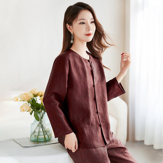 QS-62599598国风新中式香云纱圆领衬衫女外穿桑蚕丝衬衫女62599598 商品图1