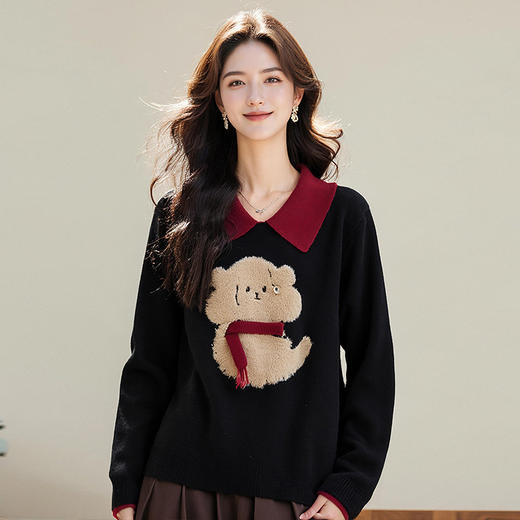 奢姿2025春季新款大码女装撞色翻领上衣胖妹妹可爱小狗拼接针织衫9644634630 商品图2