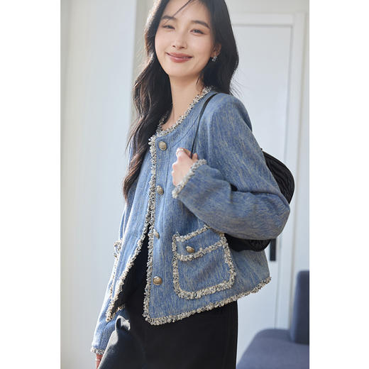 VICTORIA&VERA女装春季“阑珊星光”小香风复古时尚流苏撕边短款外套 商品图4