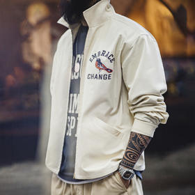 工装优选 美式复古刺绣教练夹克宽松翻领外套vintage廓形上衣男春