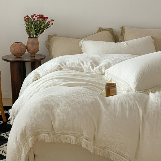 【A类纯棉皱皱纱流苏四件套】全棉双层纱皱皱纱流苏款四件套床品被套纯色A类件套 商品图10