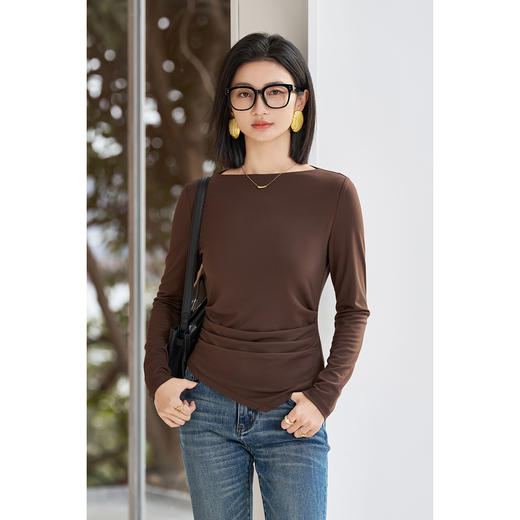 剩S/M 米思阳2026春季新款知性优雅修身显瘦百搭抽褶收腰T恤上衣女5676 商品图2